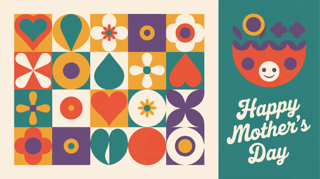 Retro geometric pattern with flowers hearts and happy mothers day text mother's day greeting card
