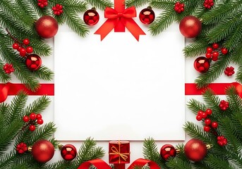 Christmas festive frame with red baubles, holly berries and ribbon