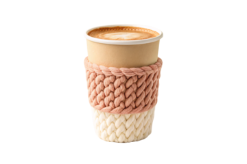 Coffee cup with knitted pink and cream sleeve, latte art visible, cozy winter beverage holder, isolated on a transparent background