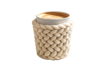 Disposable cup wrapped in chunky cream knitted sleeve, coffee with foam, warm textured beverage cozy, isolated on a transparent background