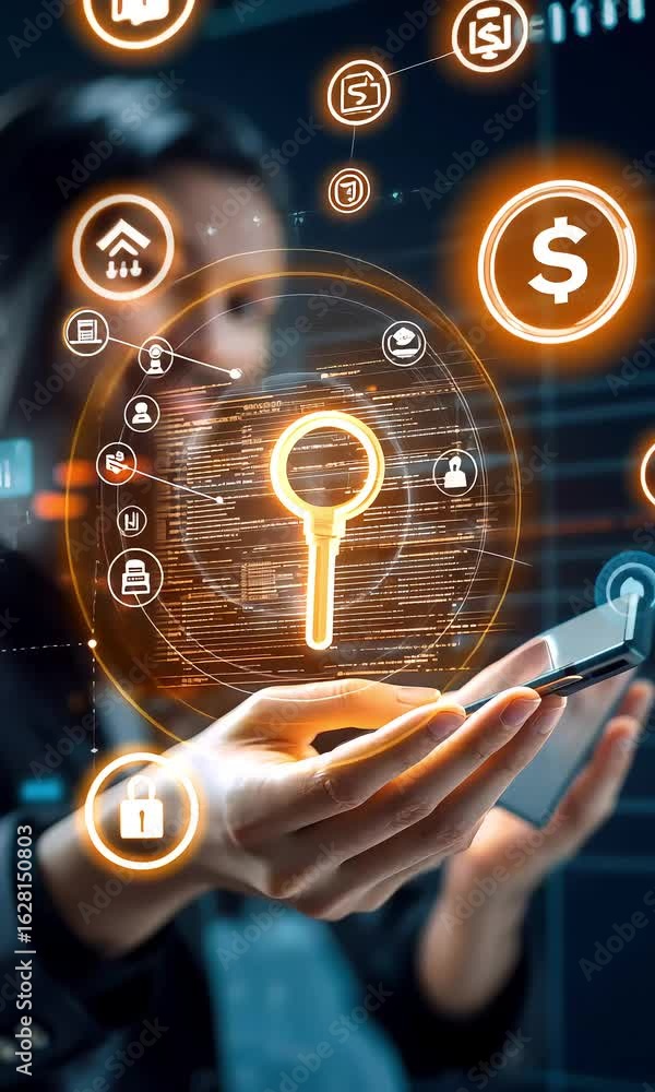 Poster digital key concept with hands on futuristic interface