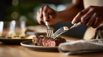 chef hands gripping a steak knife and fork