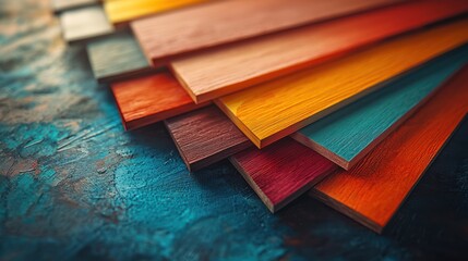 Colorful painted wood samples on textured surface; design inspiration
