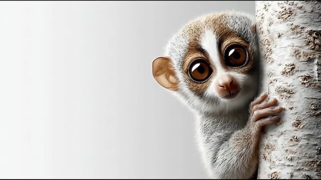Cute curious slow loris, small primate animal with big expressive eye, peeks from behind tree trunk, isolated on clean white background showing shyness