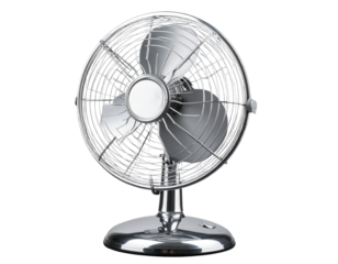 Retro-Style Tabletop Electric Fan with Tilted Angle and Chrome Finish, Transparent PNG