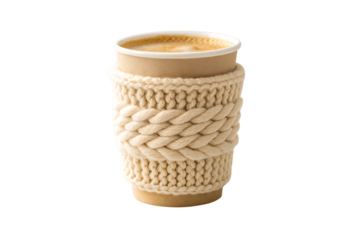 Paper coffee cup with cream cable-knit and rope detail sleeve, mixed knitting patterns, artisanal cozy, isolated on a transparent background