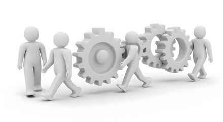 Teamwork and Collaboration Concept: People carrying gears symbolizing unity and collective effort