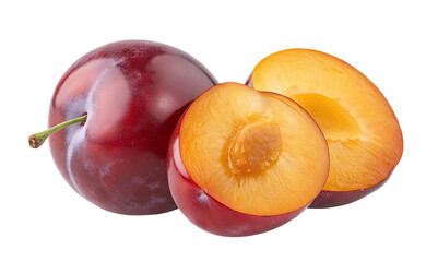 Fresh red and yellow plums cut open showing juicy texture and colorful fruits splendor on black