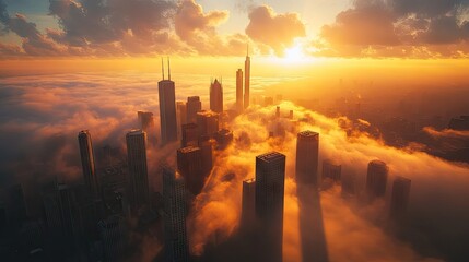 Sunrise over a foggy metropolis, with clouds below the towering buildings and warm sunlight touching the highest rooftops