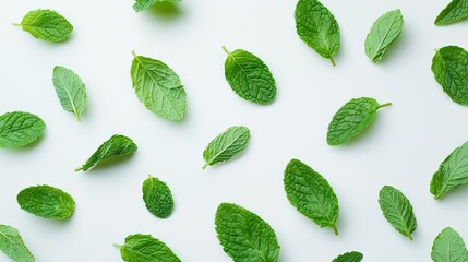 Top-down view of scattered mint leaves on white background, perfect for culinary, spa, or organic wellness themes