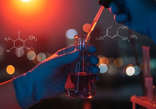 Scientist performing chemical experiment with molecule structure overlay