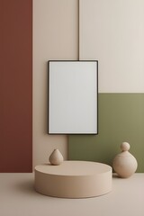 Art gallery-inspired minimalist display with pedestal, small sculpture, and burgundy-olive background