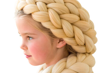 Child in profile wearing thick blonde braided headband with chunky knit texture and styling, isolated on a transparent background