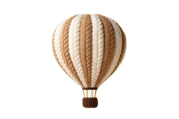 Alternating striped knitted hot air balloon in cream and brown with traditional basket, isolated on a transparent background