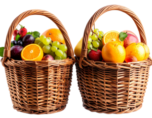 Two woven baskets containing various fruits, transparent background
