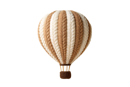 Alternating striped knitted hot air balloon in cream and brown with traditional basket, isolated on a transparent background