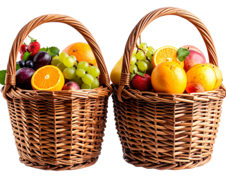 Two woven baskets containing various fruits, transparent background