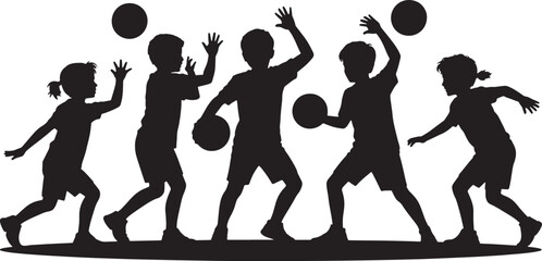 Silhouette Vector Illustration of Children Playing Handball with Balls on Transparent Backdrop