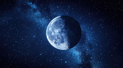 Fototapeta premium Tranquil scene of the moon high in the night sky, framed by countless stars and a faint Milky Way glow