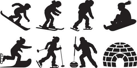 Silhouette Winter Sports Activities Set Snowboarder Skier Ice Skater Igloo on Transparent Backdrop