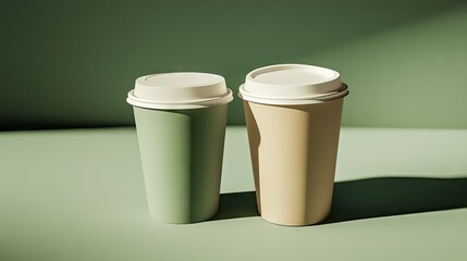 Two takeaway cups with lids standing side by side, strong light creating bold shadows for an eye-catching product mock-up