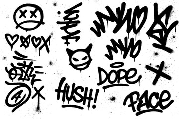 Street graffiti tags with expressive handstyle lettering and urban symbols, Transparent Background © SenorPinky
