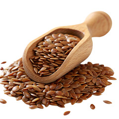 Flax seeds in wooden scoop and pile showcasing their natural nutritious superfood health benefits