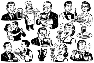 Retro cocktail party scenes with bartenders, drinks, and socializing in vintage style, Transparent Background