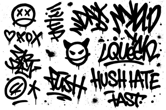 Street graffiti tags with expressive handstyle lettering and urban symbols, Transparent Background