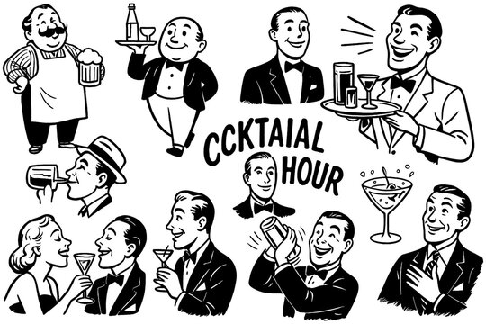 Retro cocktail party scenes with bartenders, drinks, and socializing in vintage style, Transparent Background