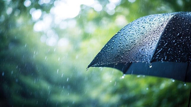 Umbrella edge with droplets hanging delicately before falling, set against a soft-focus rainy landscape