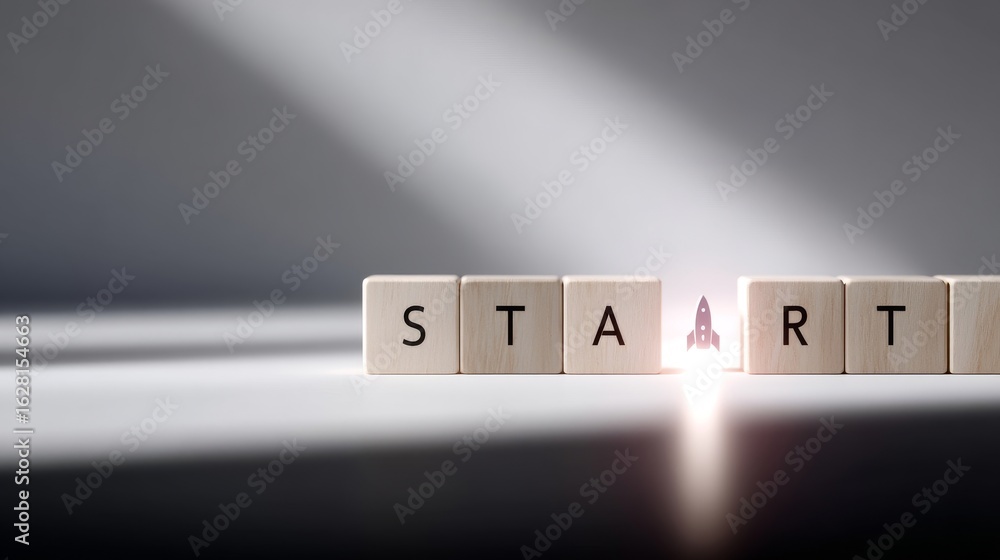 Poster a creative representation of the word start. wooden blocks show the letters with a rocket launching.