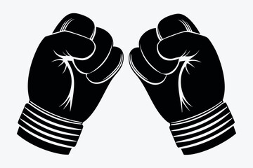 Pair of black boxing gloves facing each other in silhouette against white background