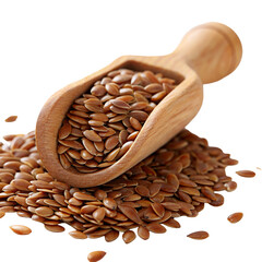 Wooden scoop with flax seeds scattered around for healthy diet and nutrition isolated on white