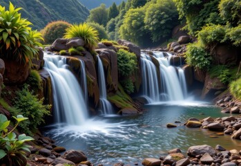 Naklejka premium geothermal heat from volcanic activity warms waterfall water, influencing local ecosystems and allowing heat tolerant species to thrive near warm pools.
