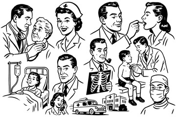 Retro hospital scene with doctors, nurses, patients, and medical care elements, Transparent Background