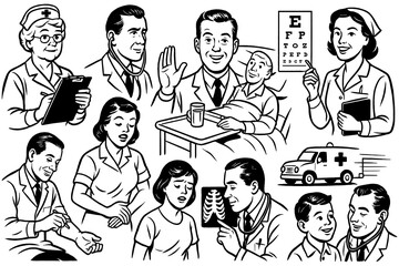 Retro hospital scene with doctors, nurses, patients, and medical care elements, Transparent Background