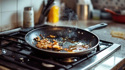 Used frying pan with stuck-on bits of fried food and oil splatters resting on a kitchen counter, emphasizing real-life cooking mess