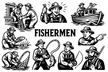 Fisherman characters and fishing boat in retro engraving style, Transparent Background