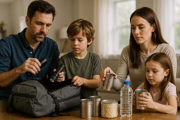 Family preparing emergency kit with canned food and supplies at home for disaster readiness and safety planning