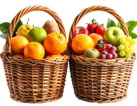 Two woven baskets containing various fruits, transparent background (2)
