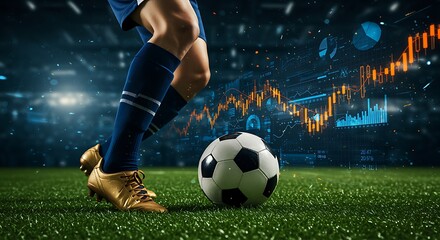 Fototapeta premium Soccer player with ball on field with financial graph overlay