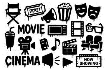 Movie and cinema themed doodle icons with film reels and clapperboard, Transparent Background