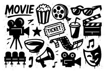 Movie and cinema themed doodle icons with film reels and clapperboard, Transparent Background