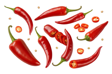 Fresh red chili peppers isolated on a black background with seeds scattered around for cooking