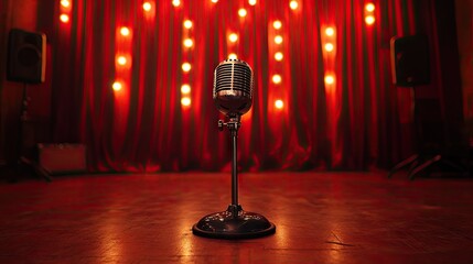 Vintage-style microphone centered on a dimly lit stage with deep red curtains, perfect for live music, stand-up, or spoken word themes