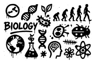 Biology icons with DNA, cells, evolution and lab tools in spray paint style, Transparent Background