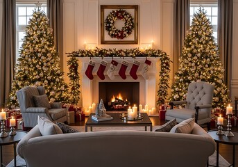 Cozy living room with fireplace and christmas trees