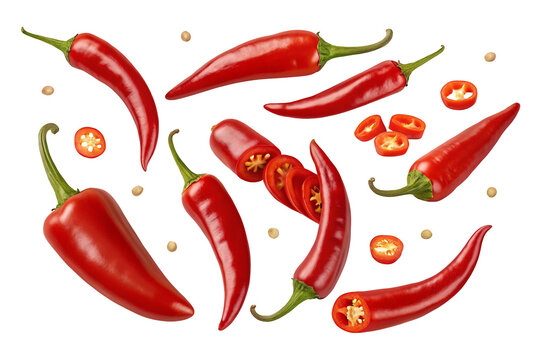 Fresh red chili peppers isolated on a black background with seeds scattered around for cooking - Powered by Adobe