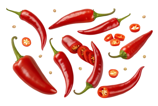 Fresh red chili peppers isolated on a black background with seeds scattered around for cooking